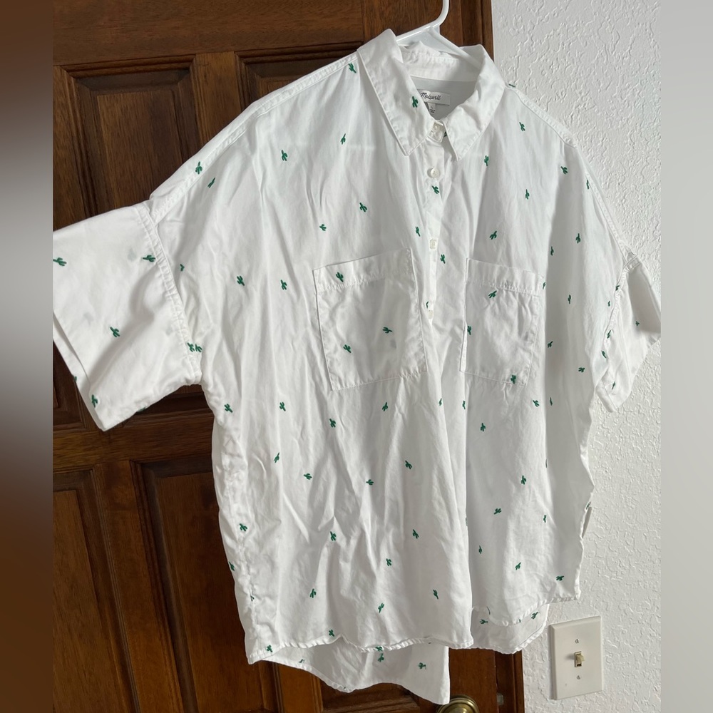 Madewell White Button-Up Shirt with Green Embroidery - Picture 5 of 6